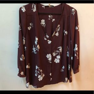 Long sleeve maroon and floral print blouse